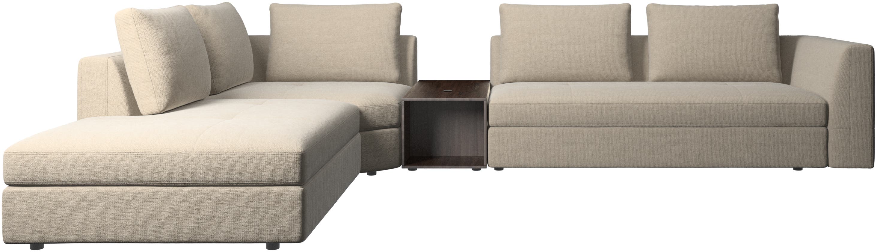 sofá esquinero Bergamo con módulo lounge y puf con almacenamiento