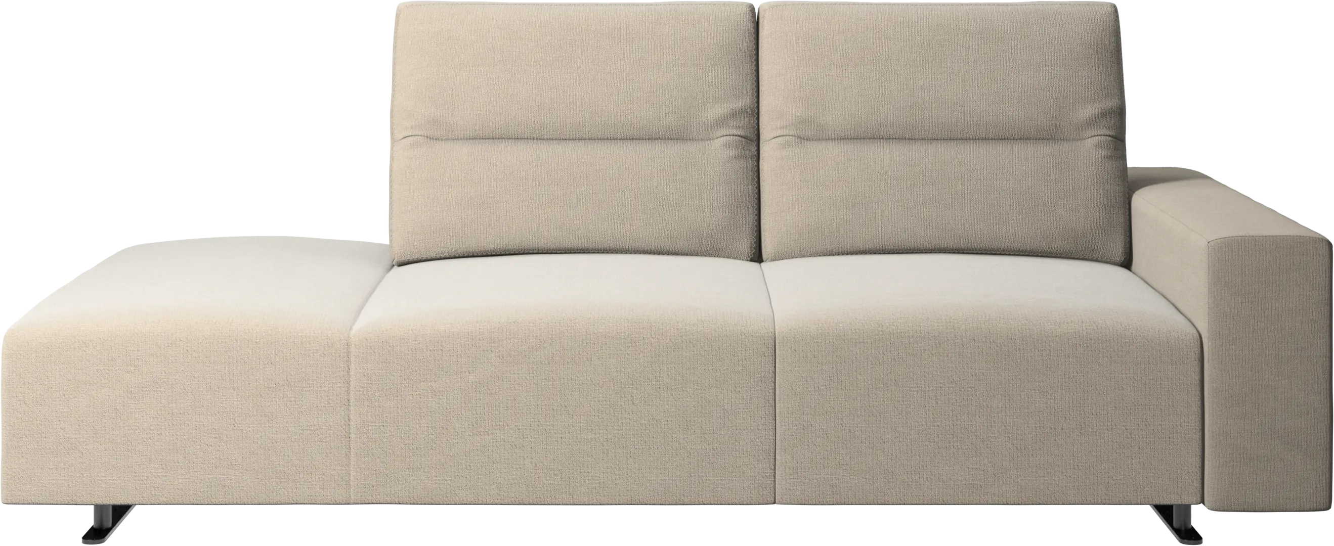 Hampton sofa with adjustable back and lounging unit left side, storage and armrest right side