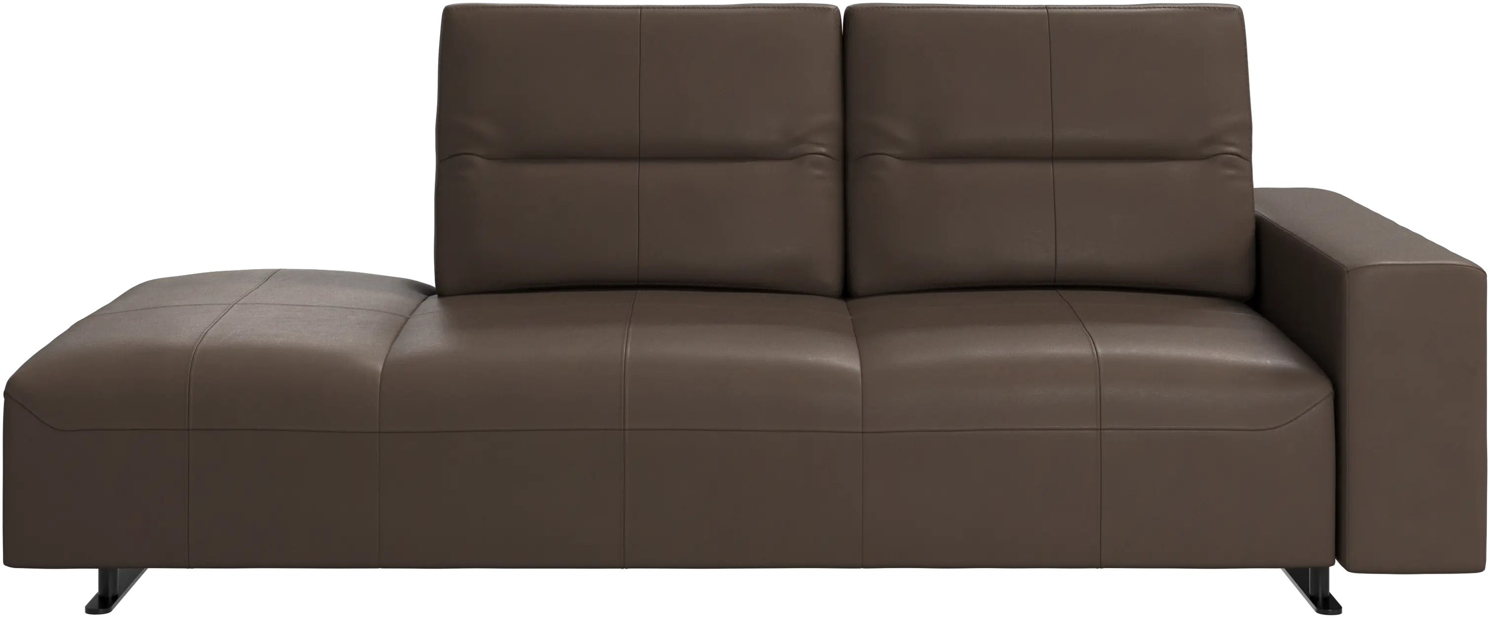 Hampton sofa with adjustable back and lounging unit left side, storage and armrest right side