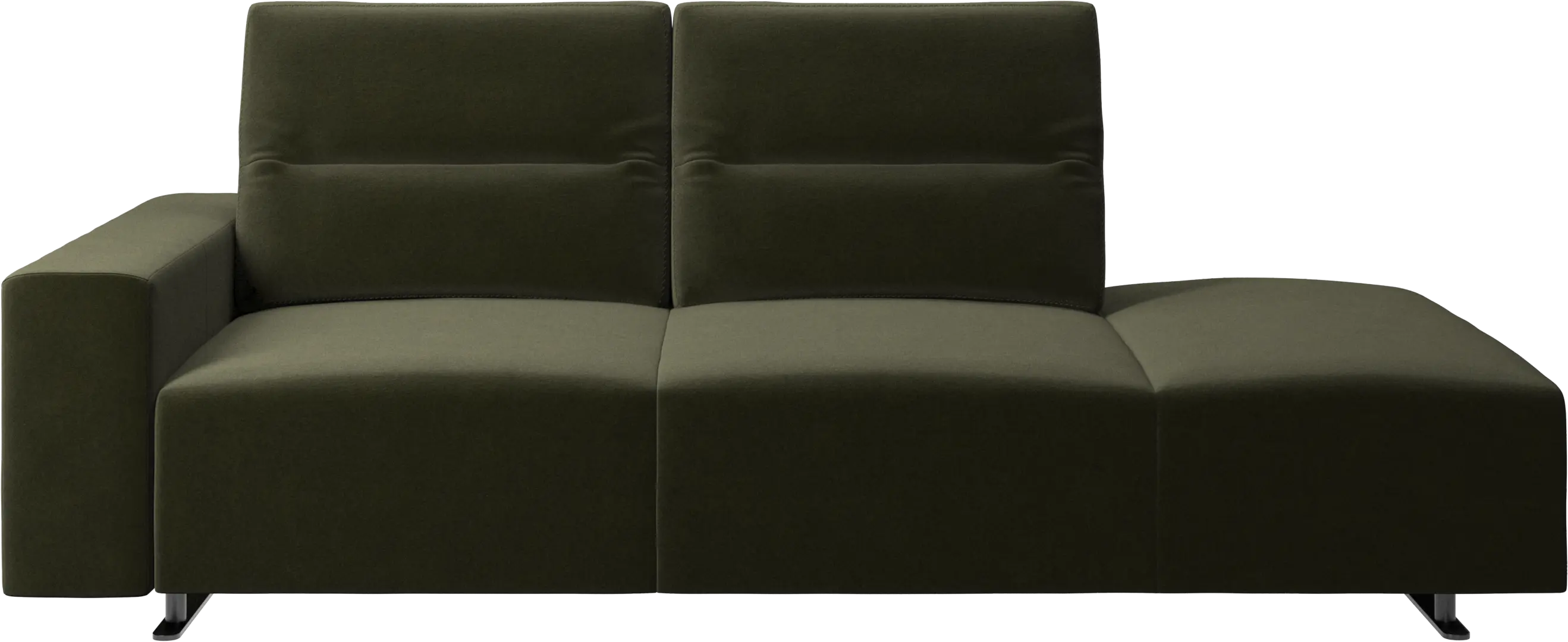 Hampton sofa with adjustable back and lounging unit right side, storage and armrest left side