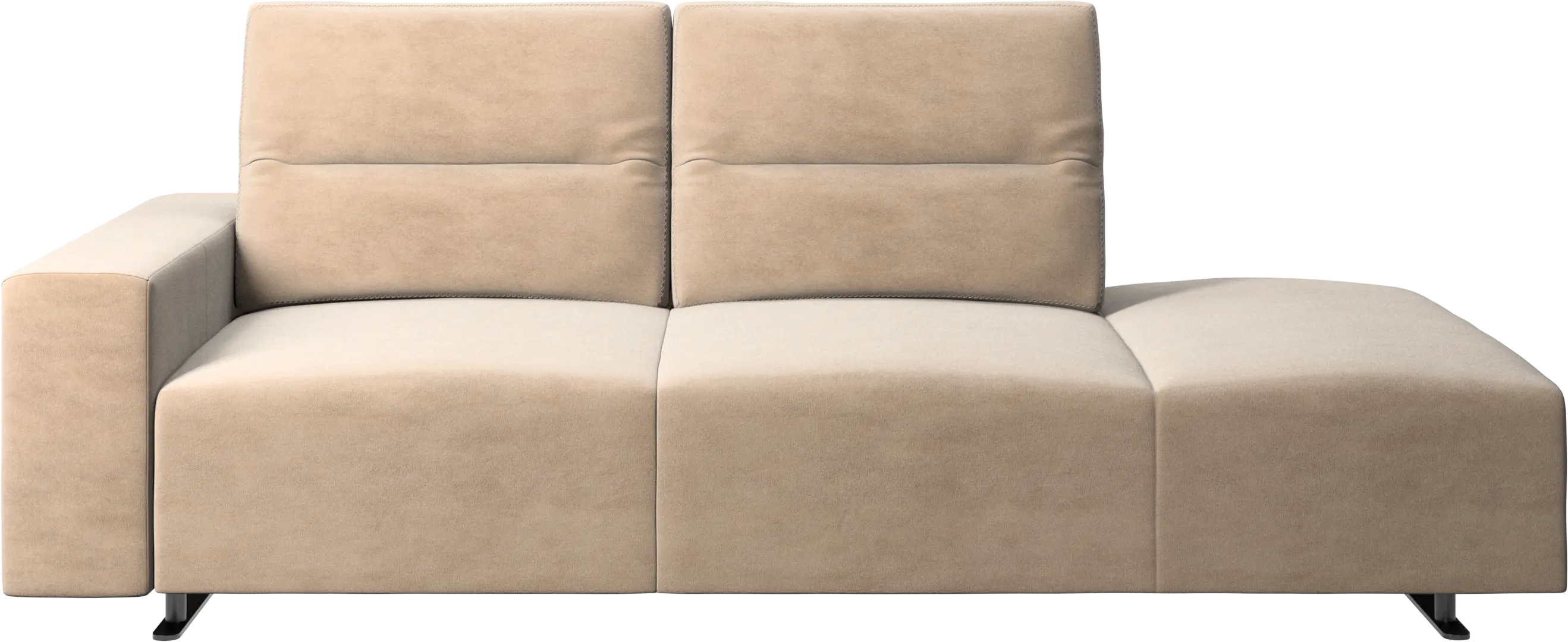 Hampton sofa with adjustable back and lounging unit right side, storage and armrest left side