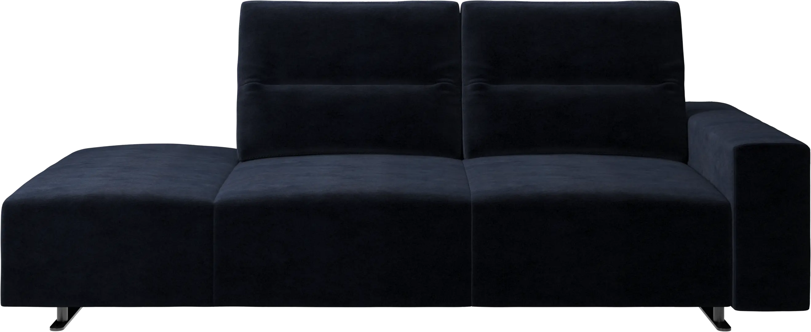 Hampton sofa with adjustable back and lounging unit left side, storage and armrest right side