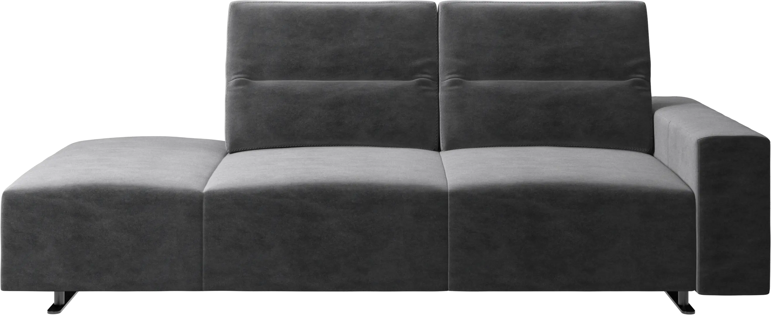 Hampton sofa with adjustable back and lounging unit left side, storage and armrest right side