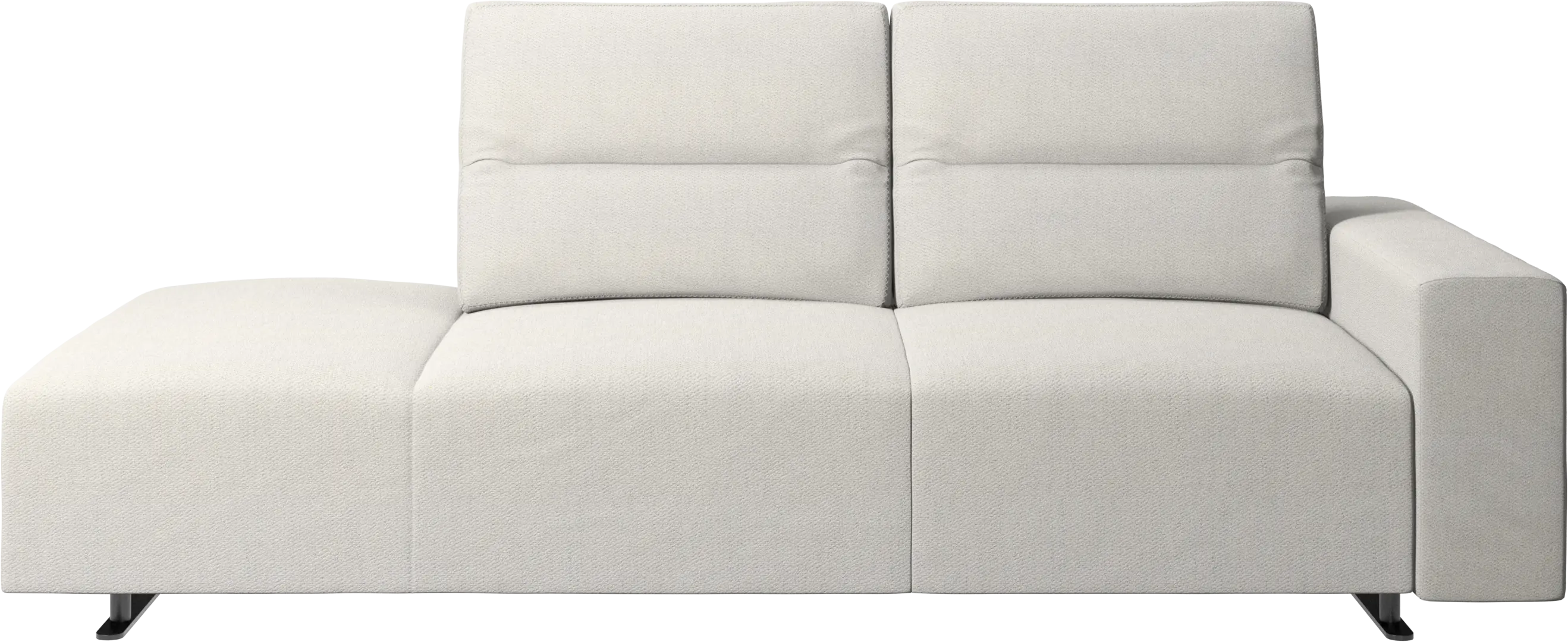 Hampton sofa with adjustable back and lounging unit left side, storage and armrest right side