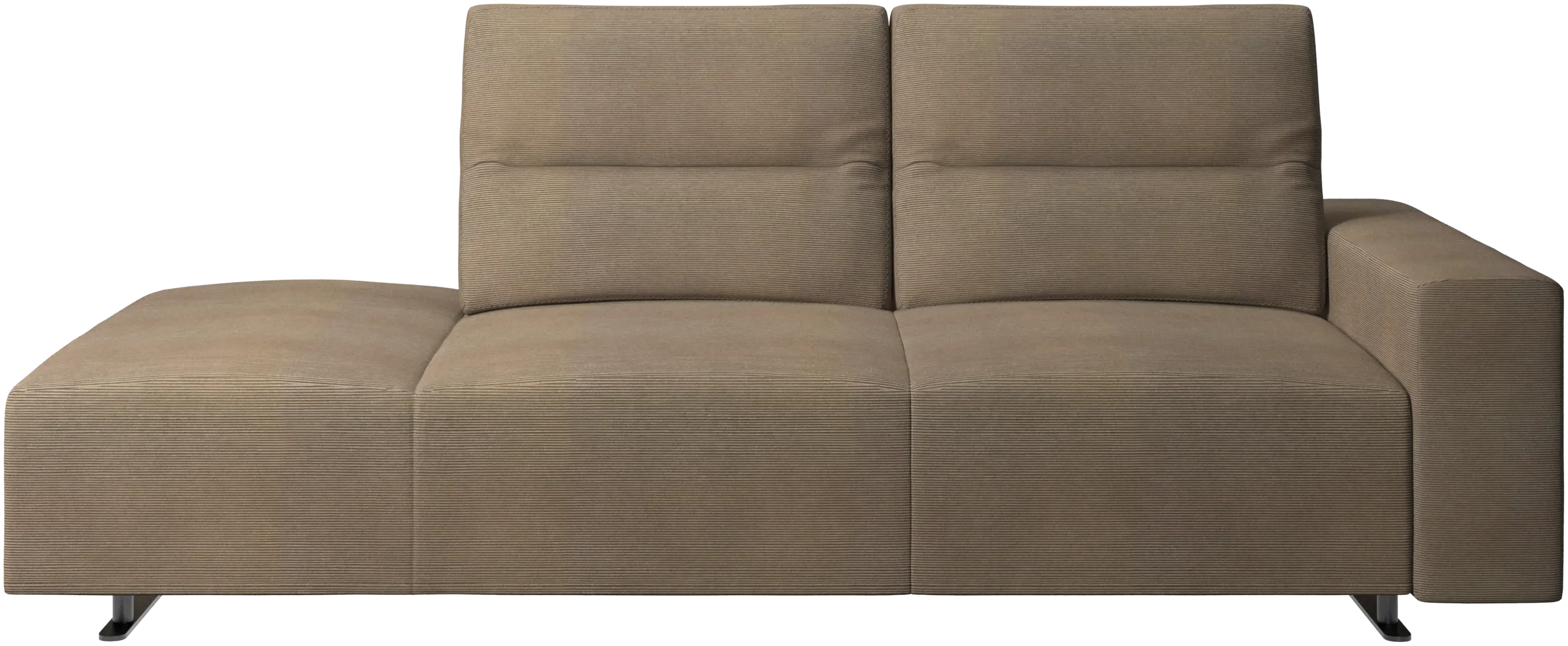 Hampton sofa with adjustable back and lounging unit left side, storage and armrest right side
