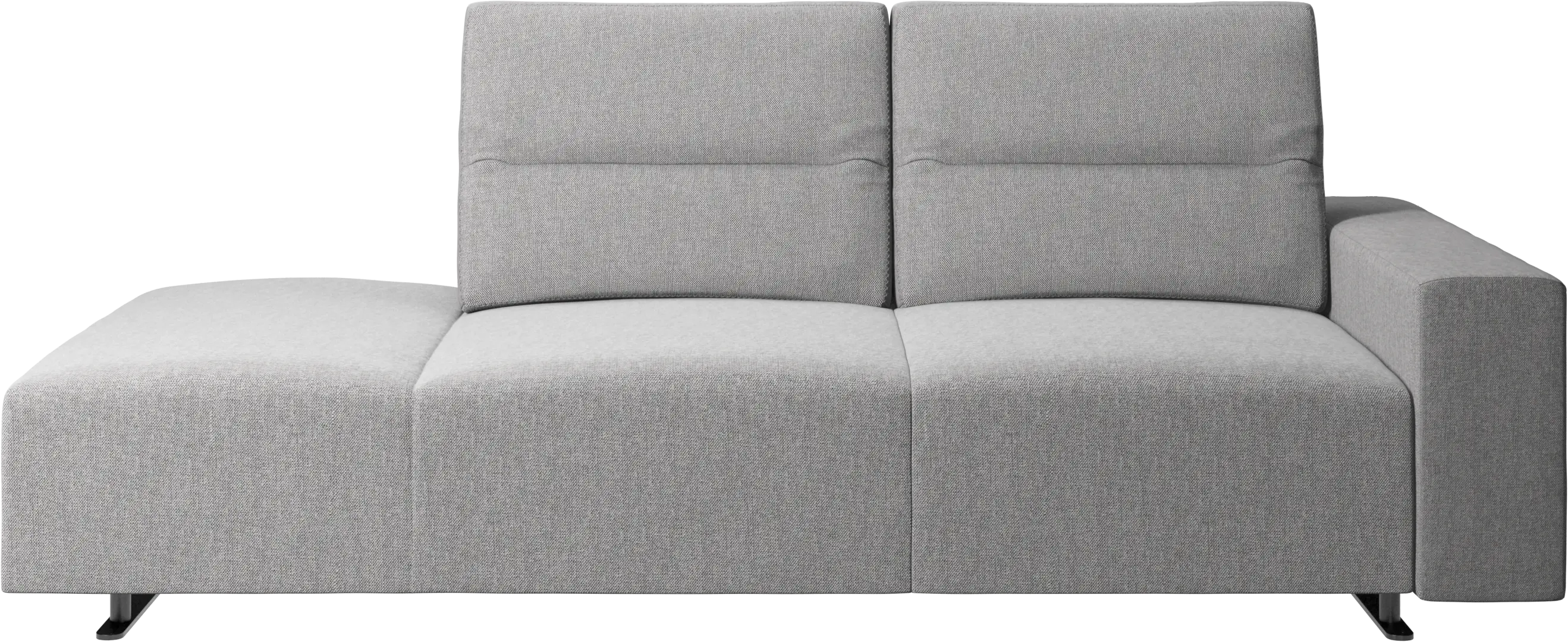 Hampton sofa with adjustable back and lounging unit left side, storage and armrest right side