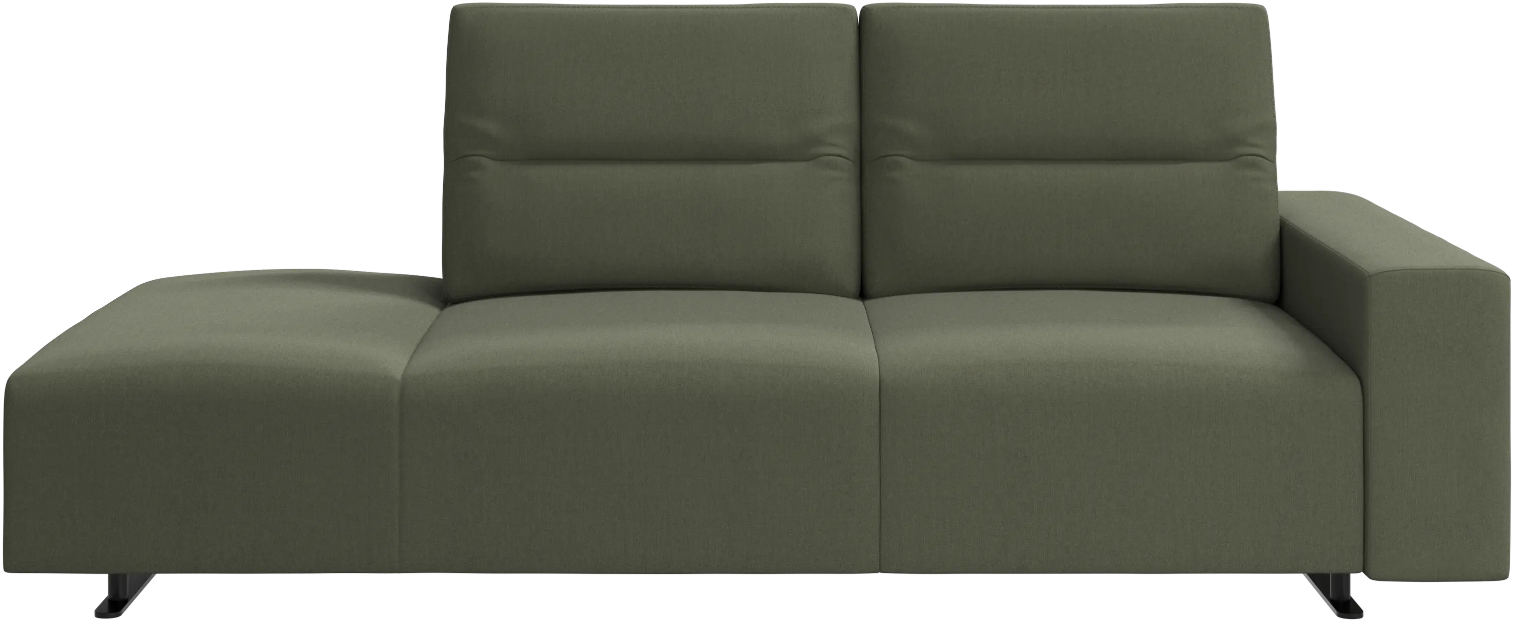 Hampton sofa with adjustable back and lounging unit left side, storage and armrest right side