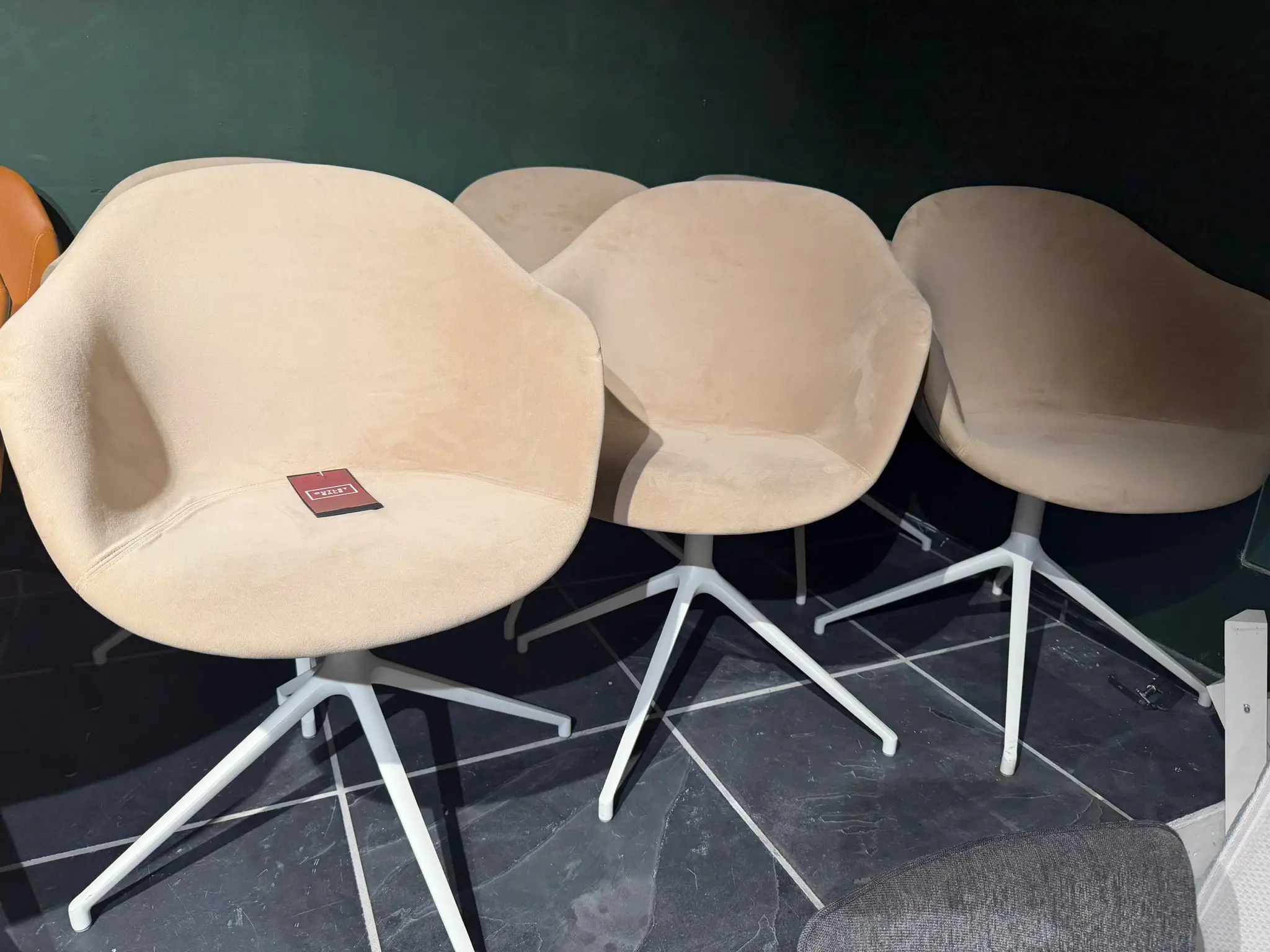 Dining chairs Set van 6 Adelaide-stoelen in beige fluweel, te bezichtigen in de showroom in Brussel