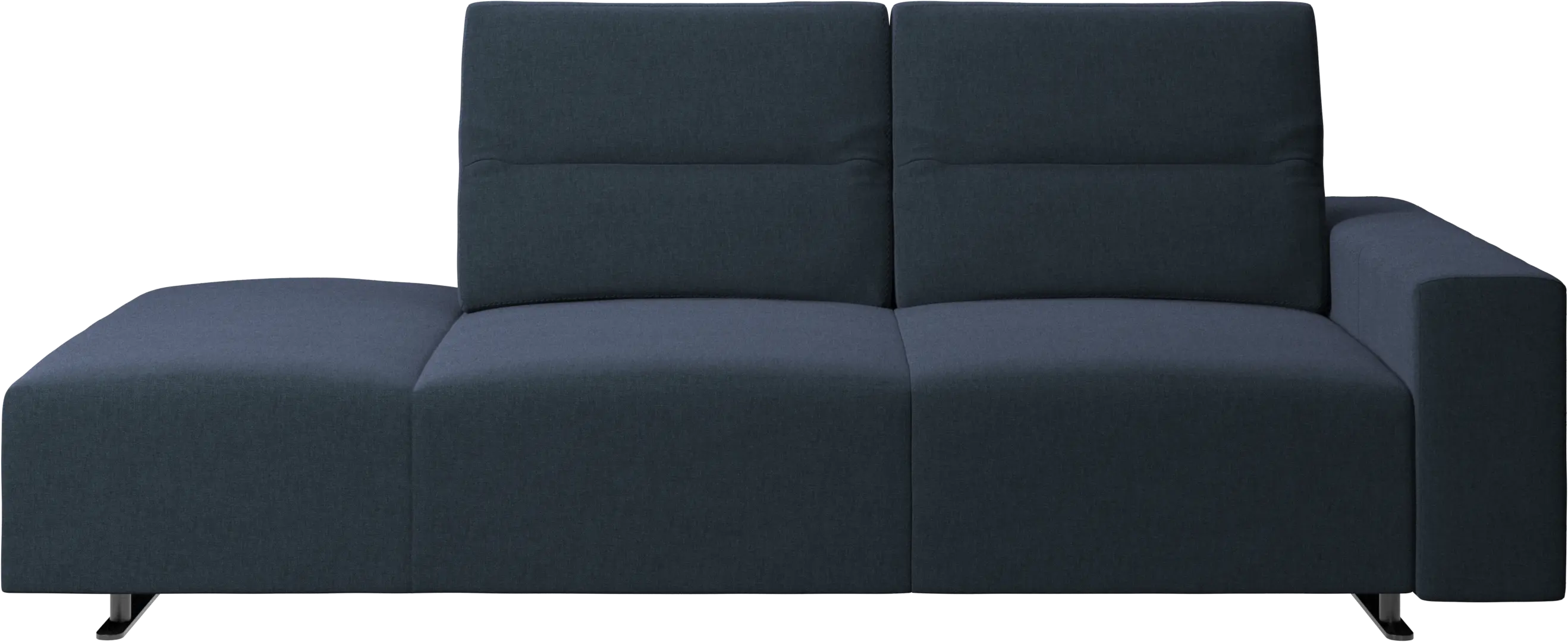 Hampton sofa with adjustable back and lounging unit left side, storage and armrest right side