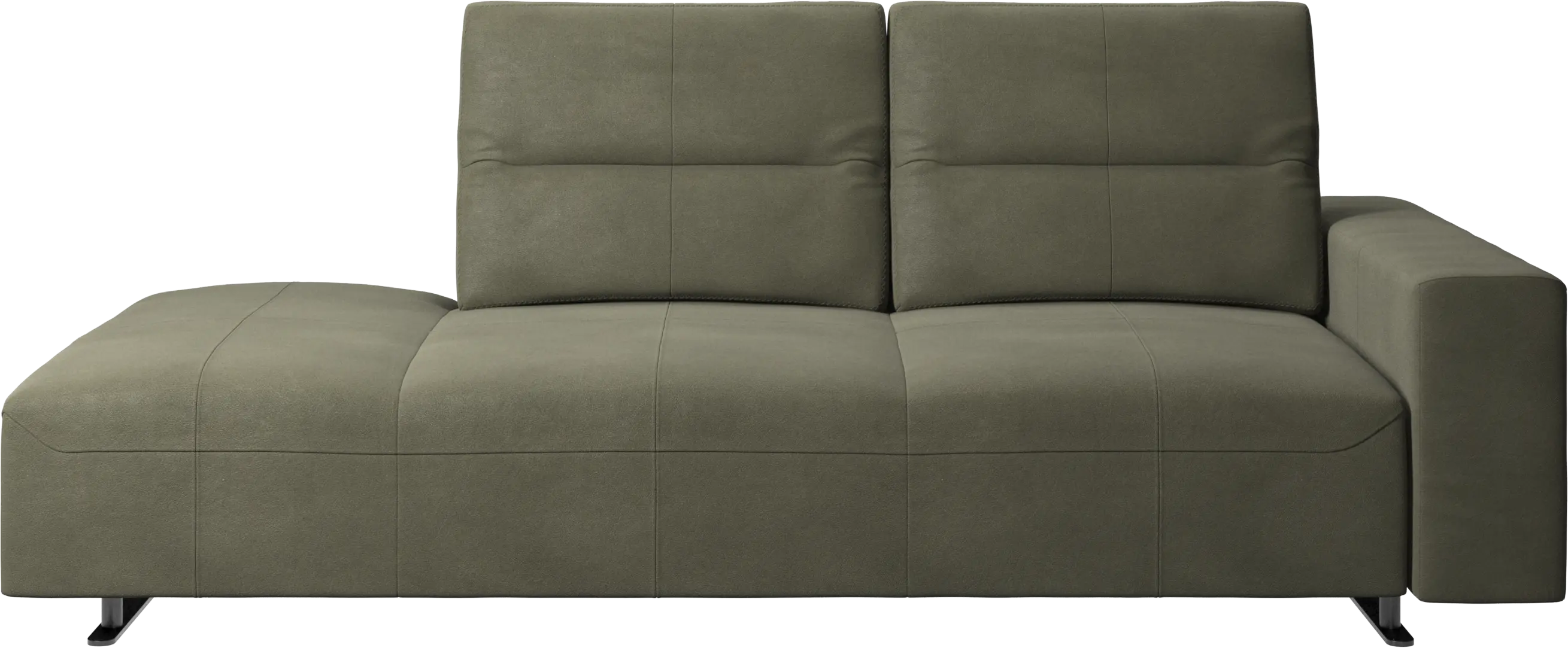 Hampton sofa with adjustable back and lounging unit left side, storage and armrest right side