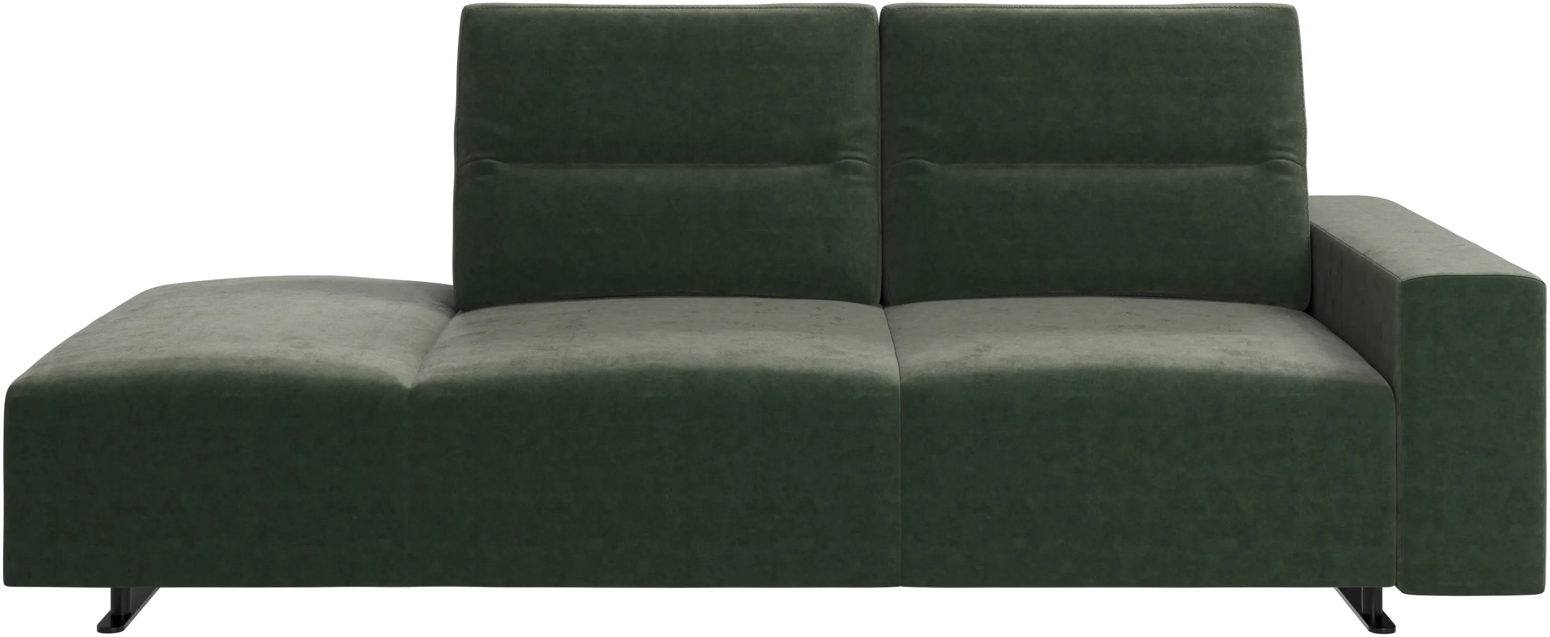 Hampton sofa with adjustable back and lounging unit left side, storage and armrest right side