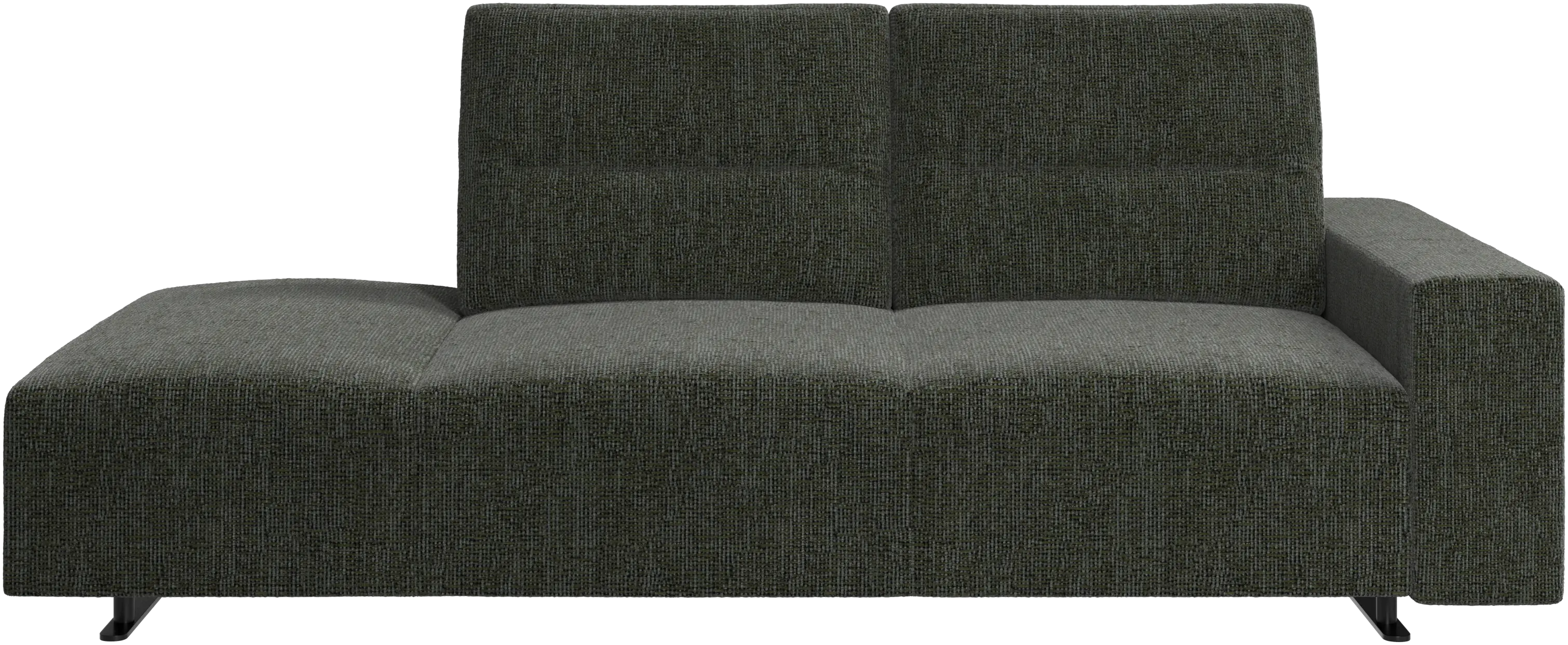 Hampton sofa with adjustable back and lounging unit left side, storage and armrest right side
