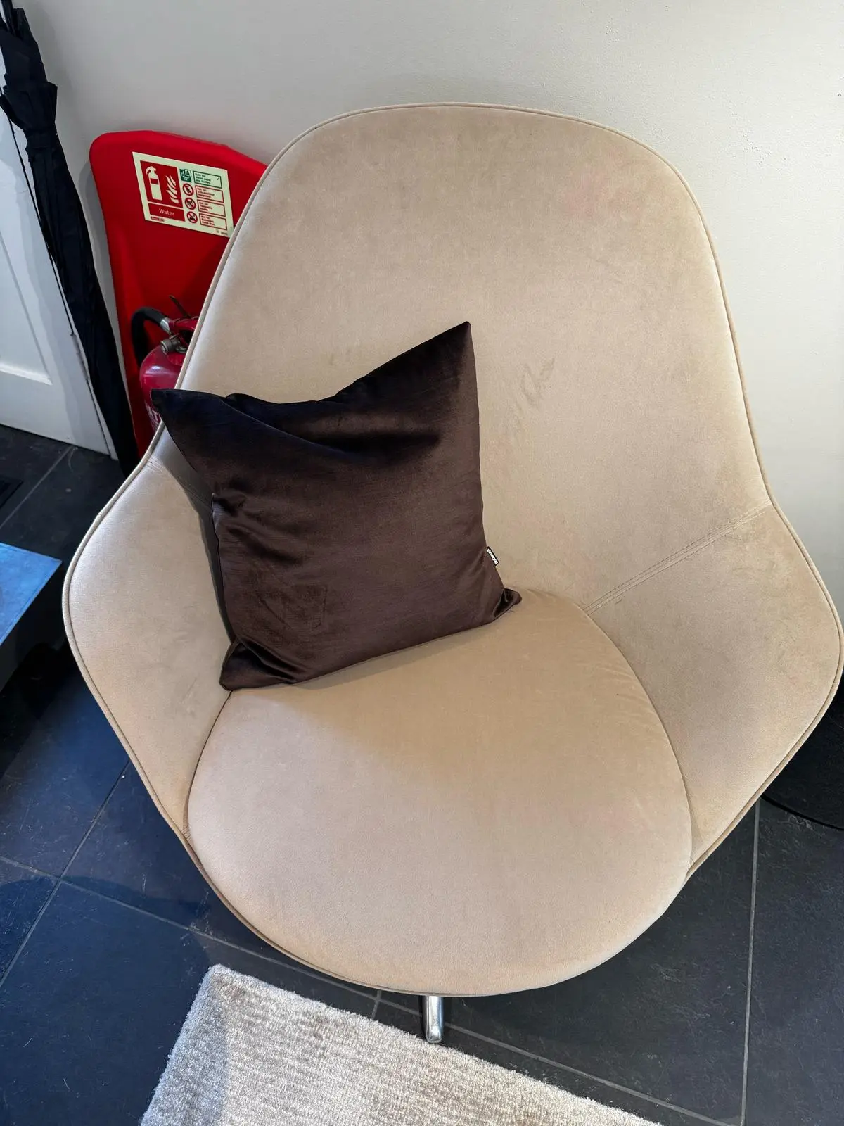 Adelaide Living Chair in Sand Velvet with a polished aluminum base