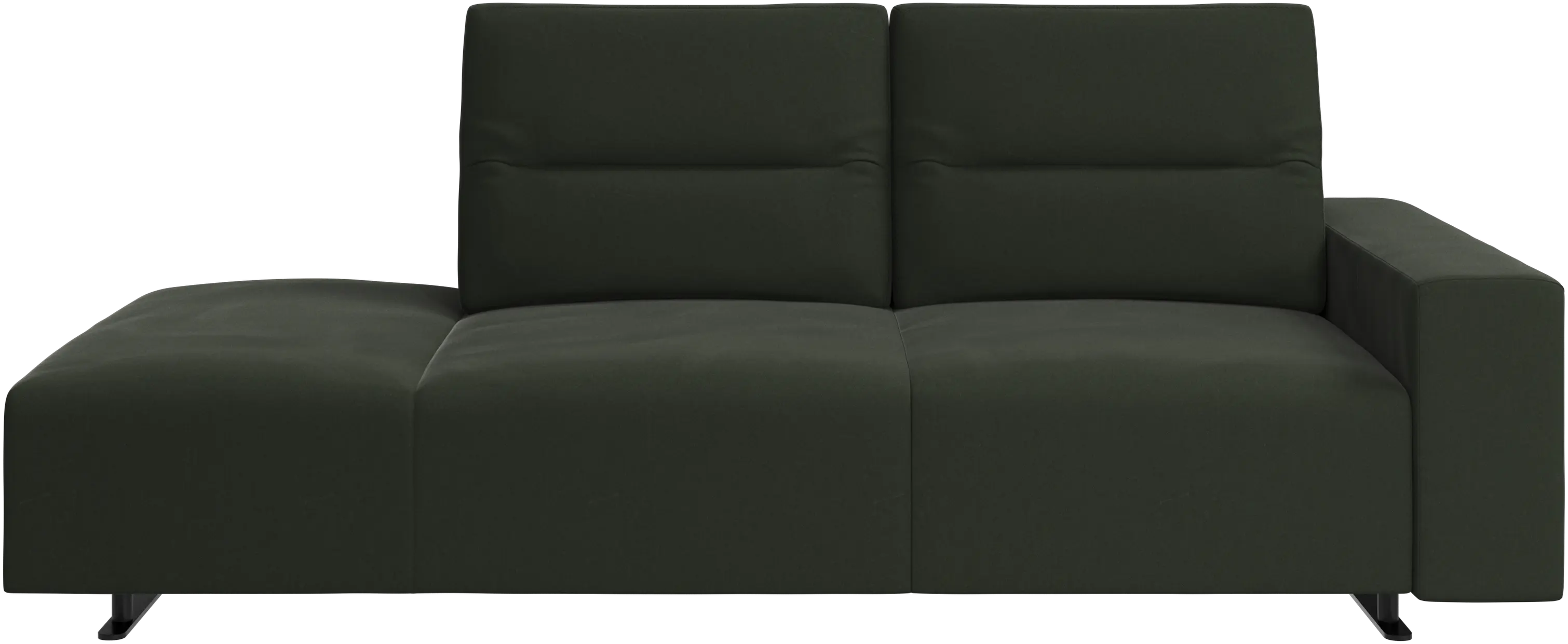Hampton sofa with adjustable back and lounging unit left side, storage and armrest right side