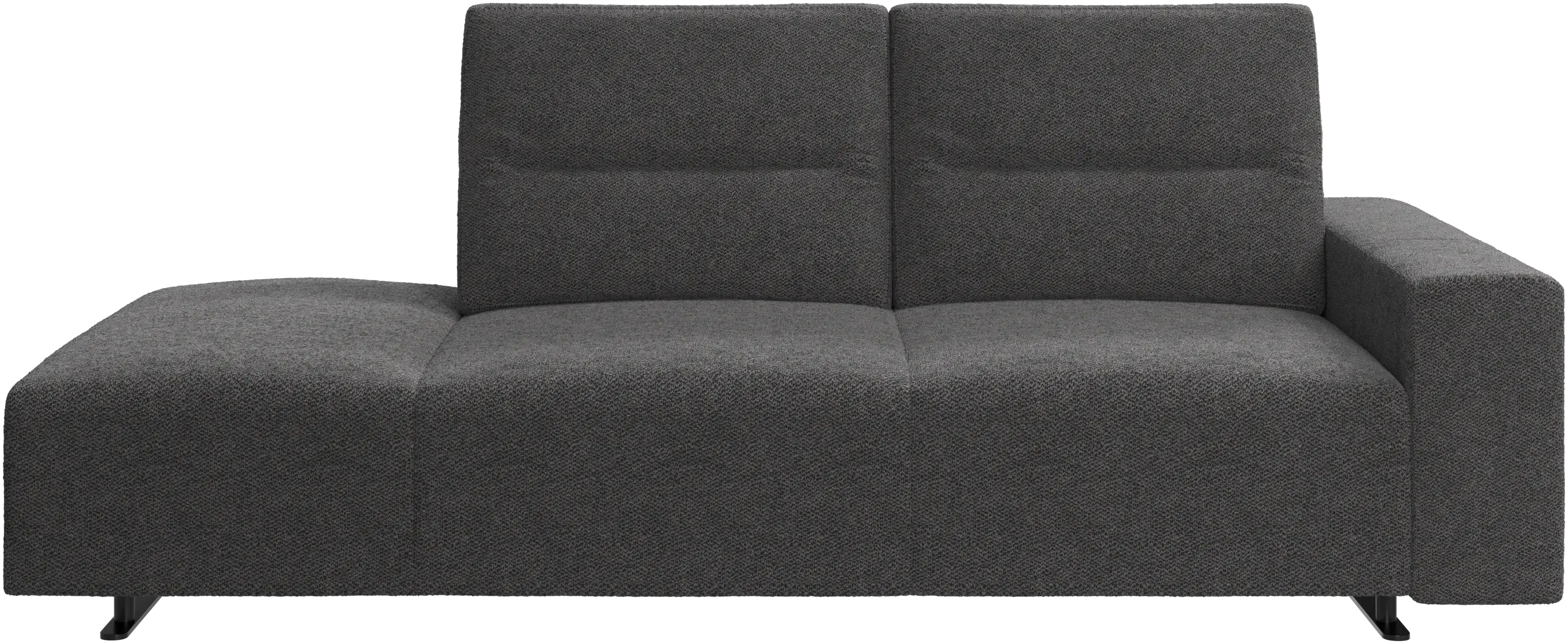 Hampton sofa with adjustable back and lounging unit left side, storage and armrest right side
