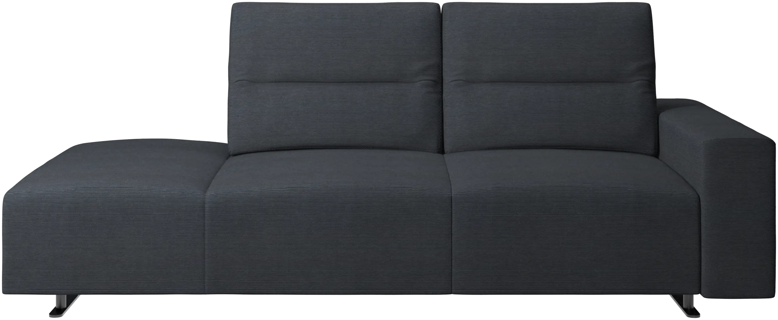 Hampton sofa with adjustable back and lounging unit left side, storage and armrest right side