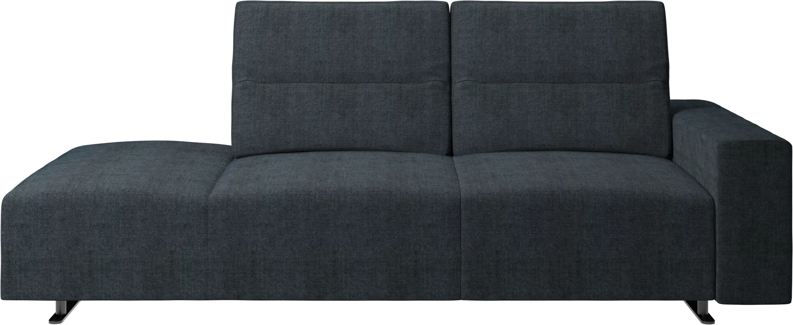 Hampton sofa with adjustable back and lounging unit left side, storage and armrest right side