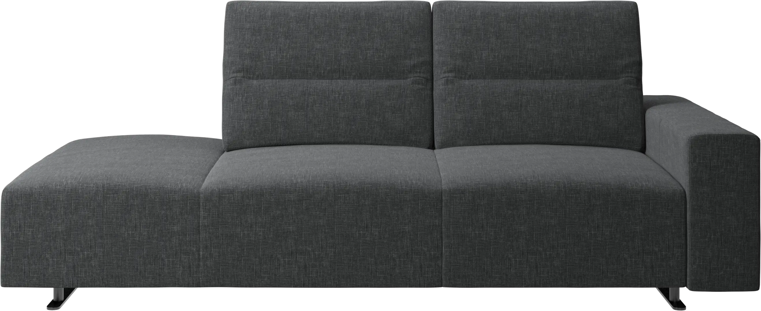 Hampton sofa with adjustable back and lounging unit left side, storage and armrest right side