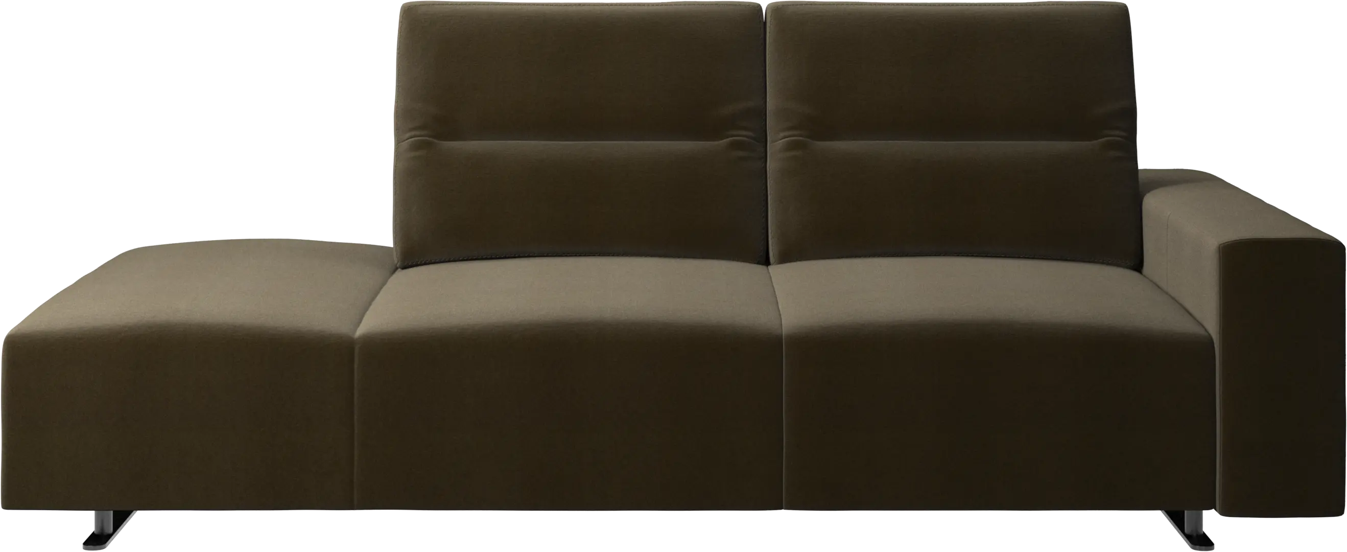 Hampton sofa with adjustable back and lounging unit left side, storage and armrest right side