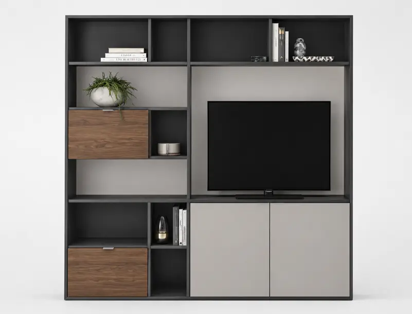 Storage [Copenhagen - CT00] Copenhagen wall system, charcoal grey lacquered/walnut veneer/matt ash grey lacquered.