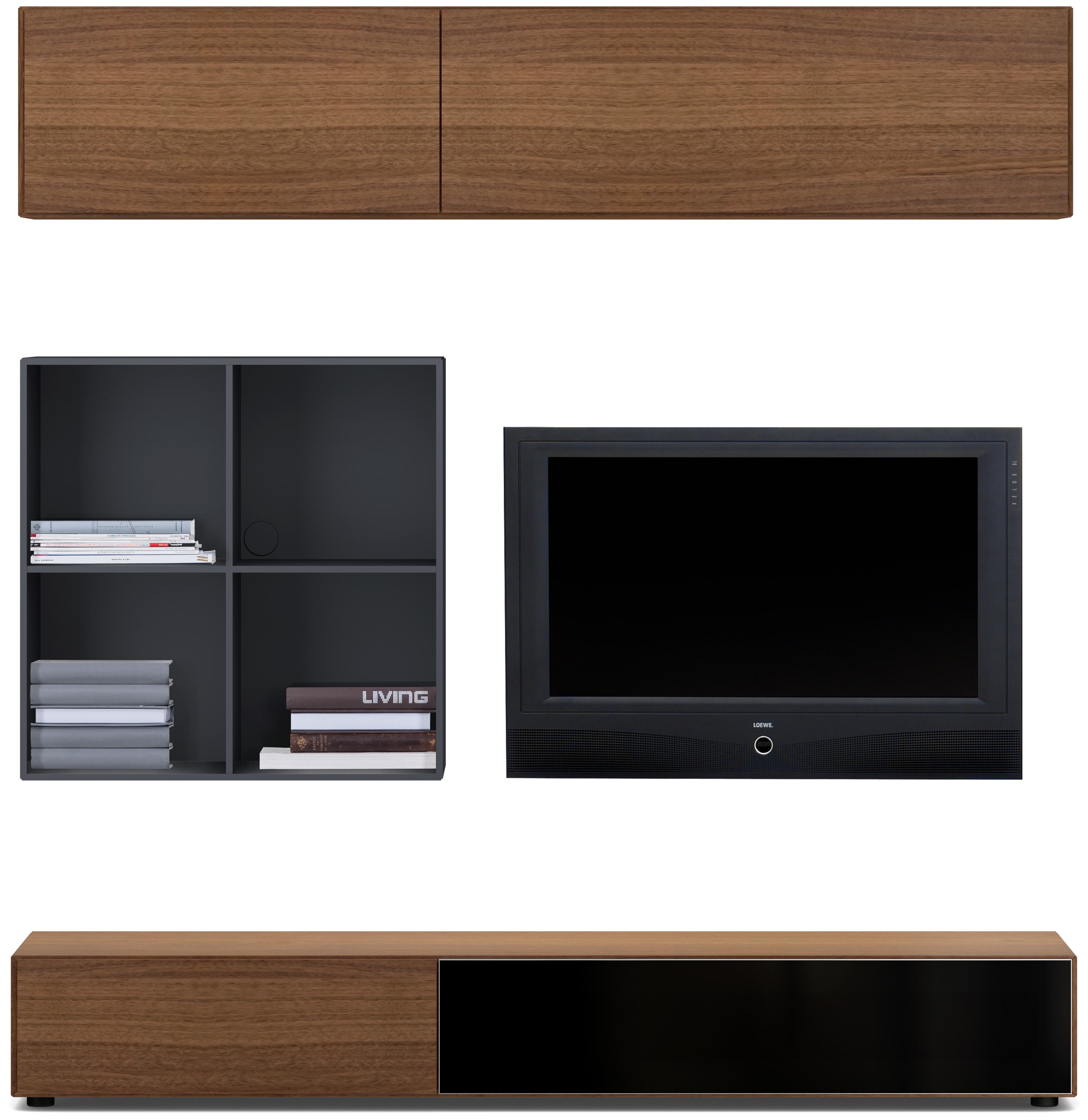 Lugano wall system with drawer, drop down and flip up doors