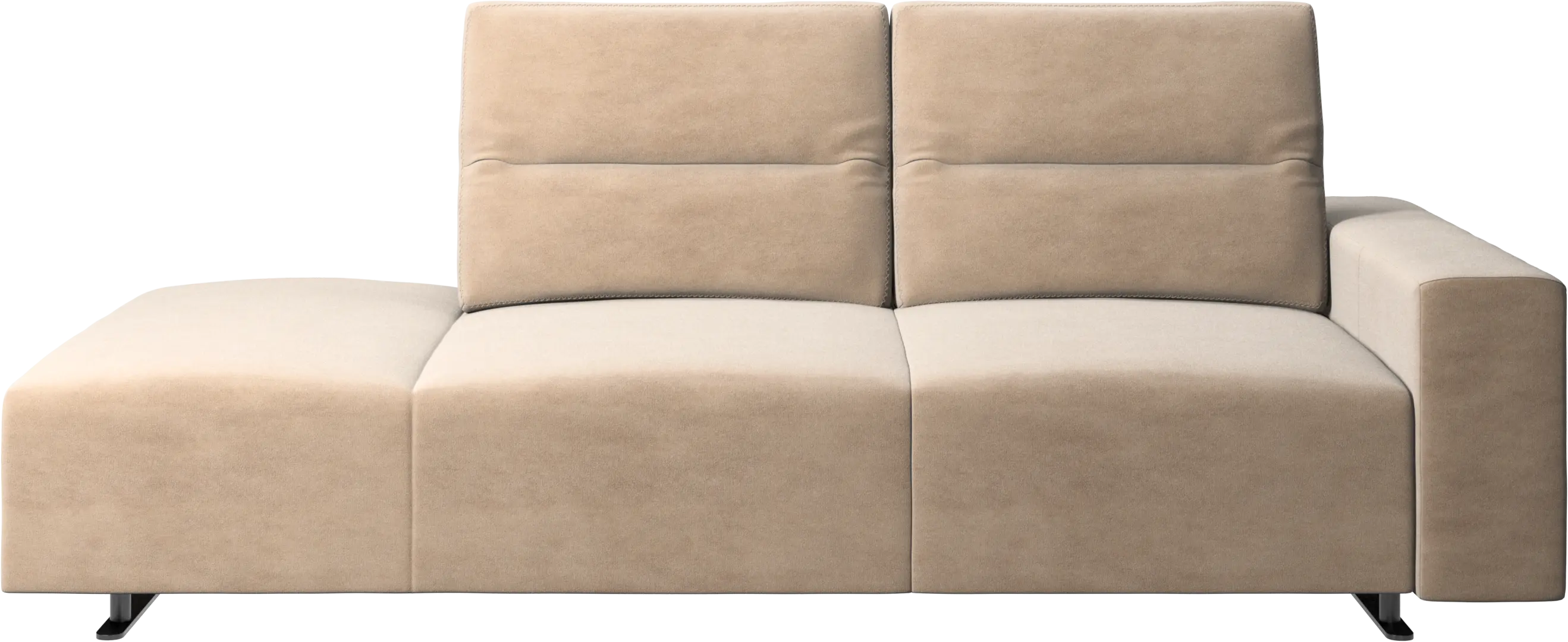 Hampton sofa with adjustable back and lounging unit left side, storage and armrest right side