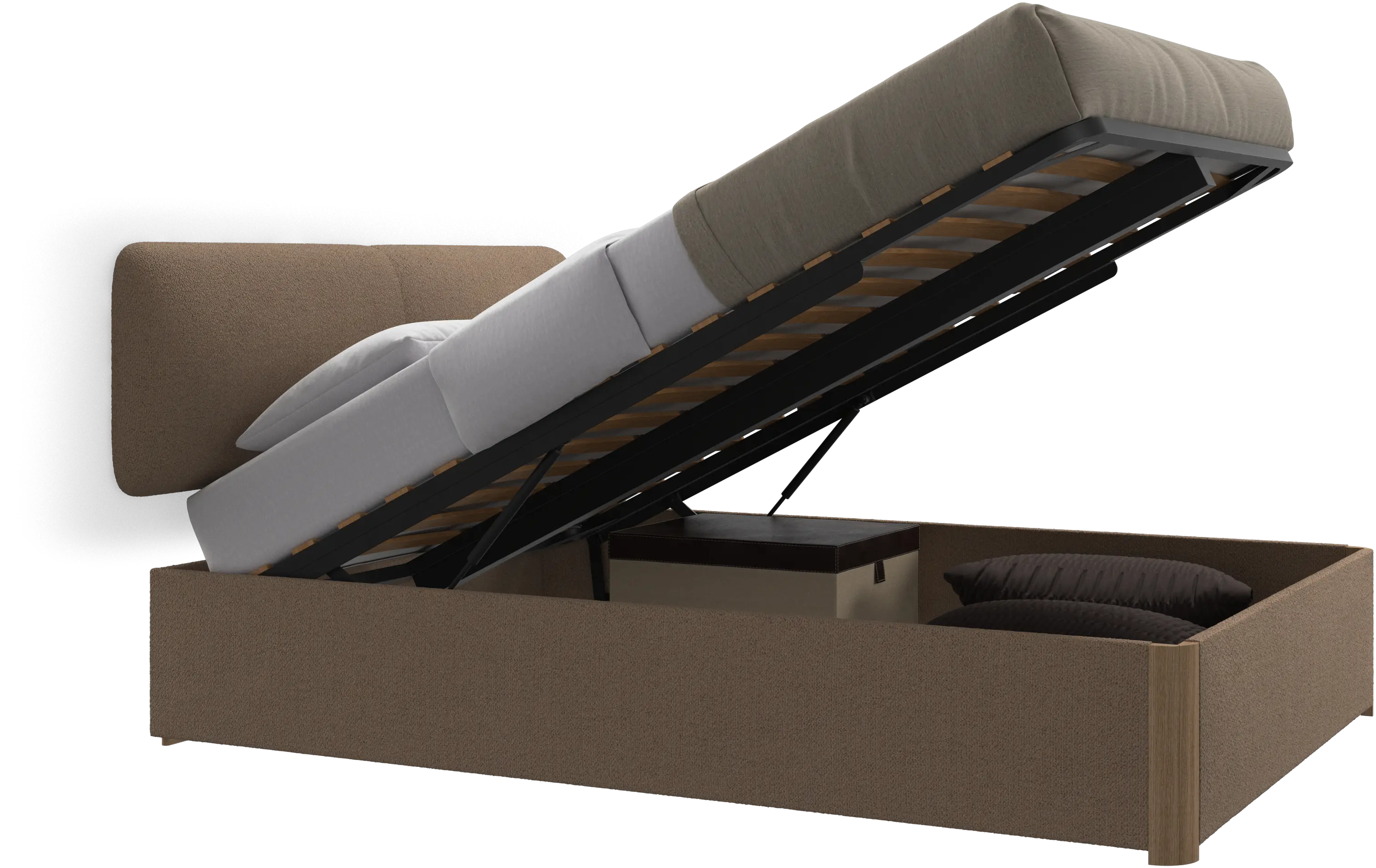 Element bed, wall-mounted headboard, with slats and storage solution, excl. mattress