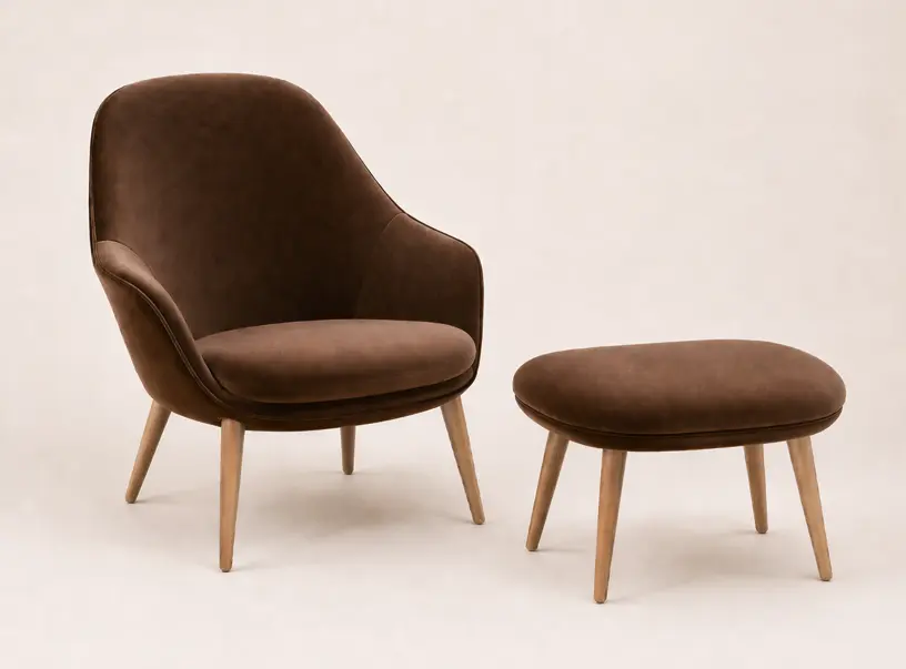 Armchairs [Adelaide - 1410] Adelaide living chair, camel Velvet fabric.  and  Adelaide footstool, camel Velvet fabric.