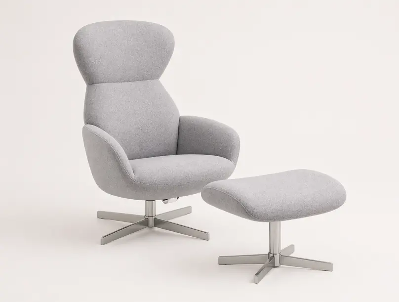 Armchairs [Athena - 1370] Athena chair with reclining back function.Light Grey Lux Felt Fabric with Brushed Steel Legs.  406013702310094, H114/47 x W70 x D74 cm and [Athena - 1340] Athena footstool, light grey Lux Felt f.   406013402310094 , H43 x W53 x D46