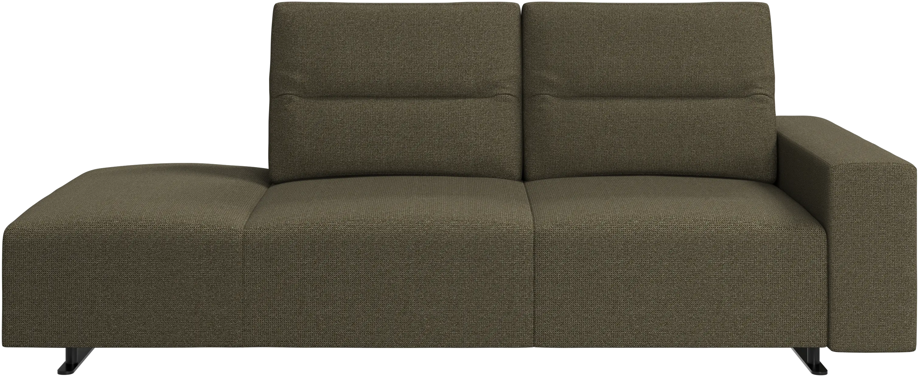 Hampton sofa with adjustable back and lounging unit left side, storage and armrest right side
