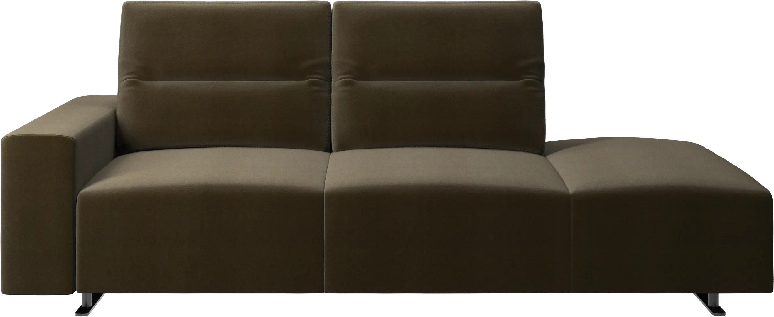 Hampton sofa with adjustable back and lounging unit right side, storage and armrest left side