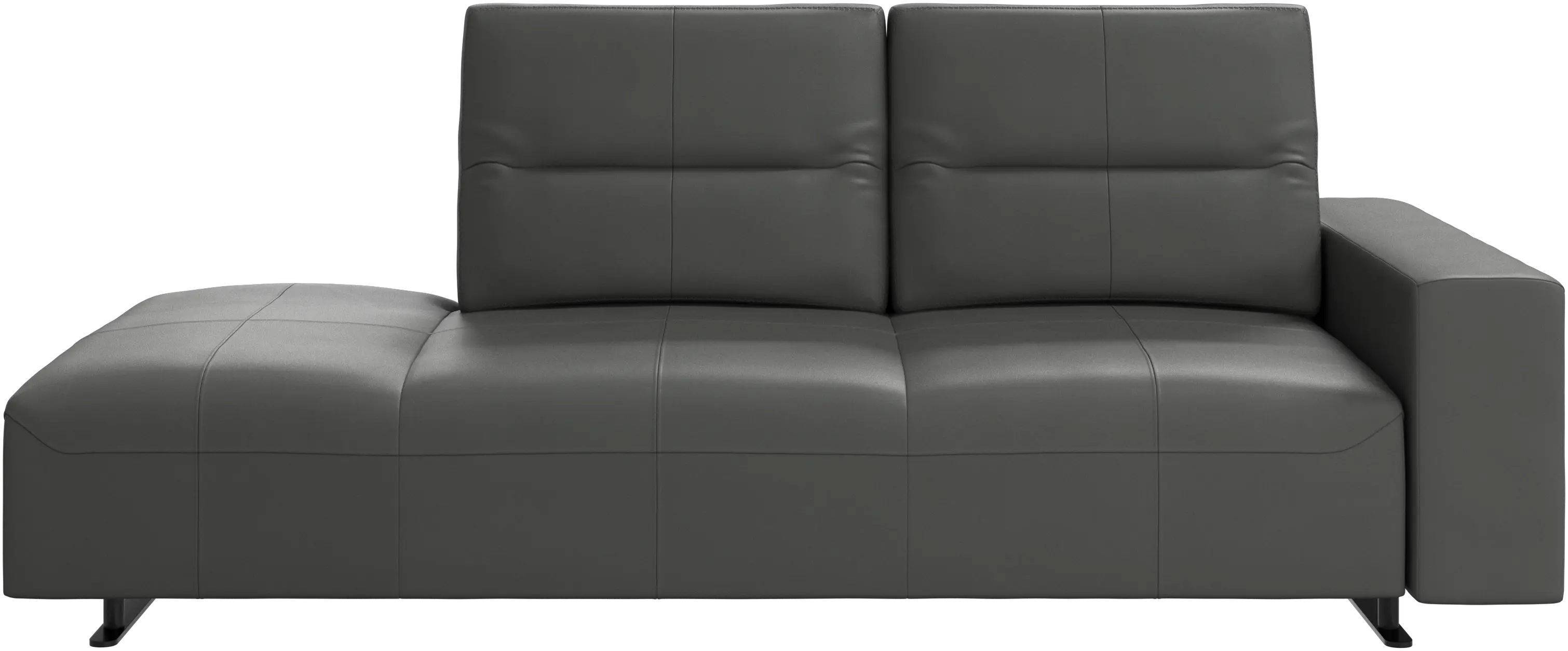 Hampton sofa with adjustable back and lounging unit left side, storage and armrest right side