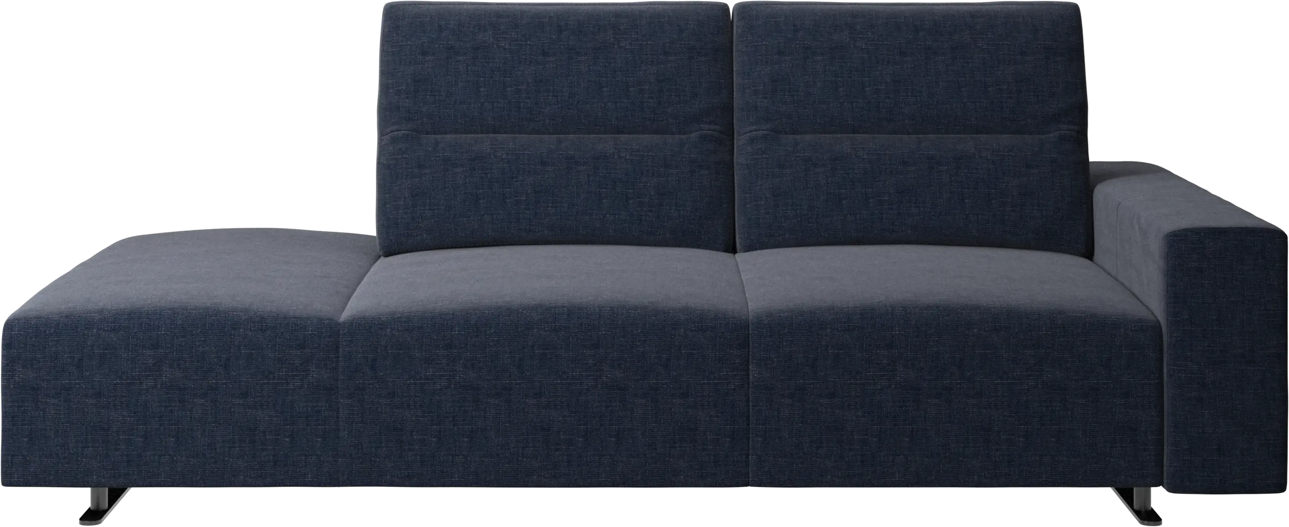 Hampton sofa with adjustable back and lounging unit left side, storage and armrest right side