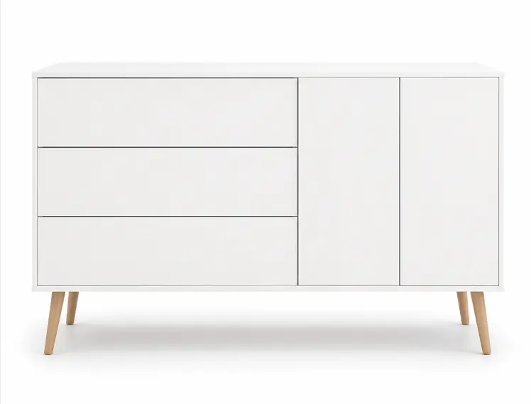 Storage [[Lugano - RN00] Lugano highboard with drawers and drop down door, matt white lacquered/oak.