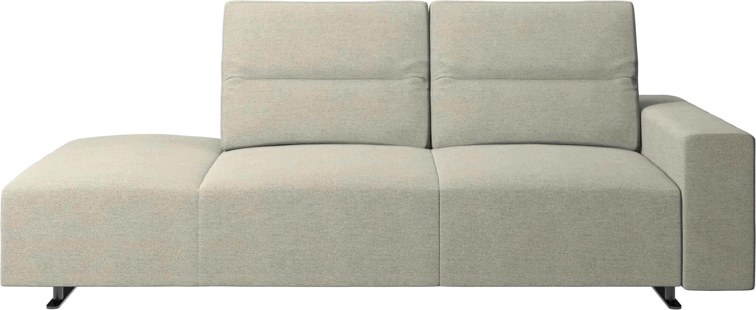 Hampton sofa with adjustable back and lounging unit left side, storage and armrest right side