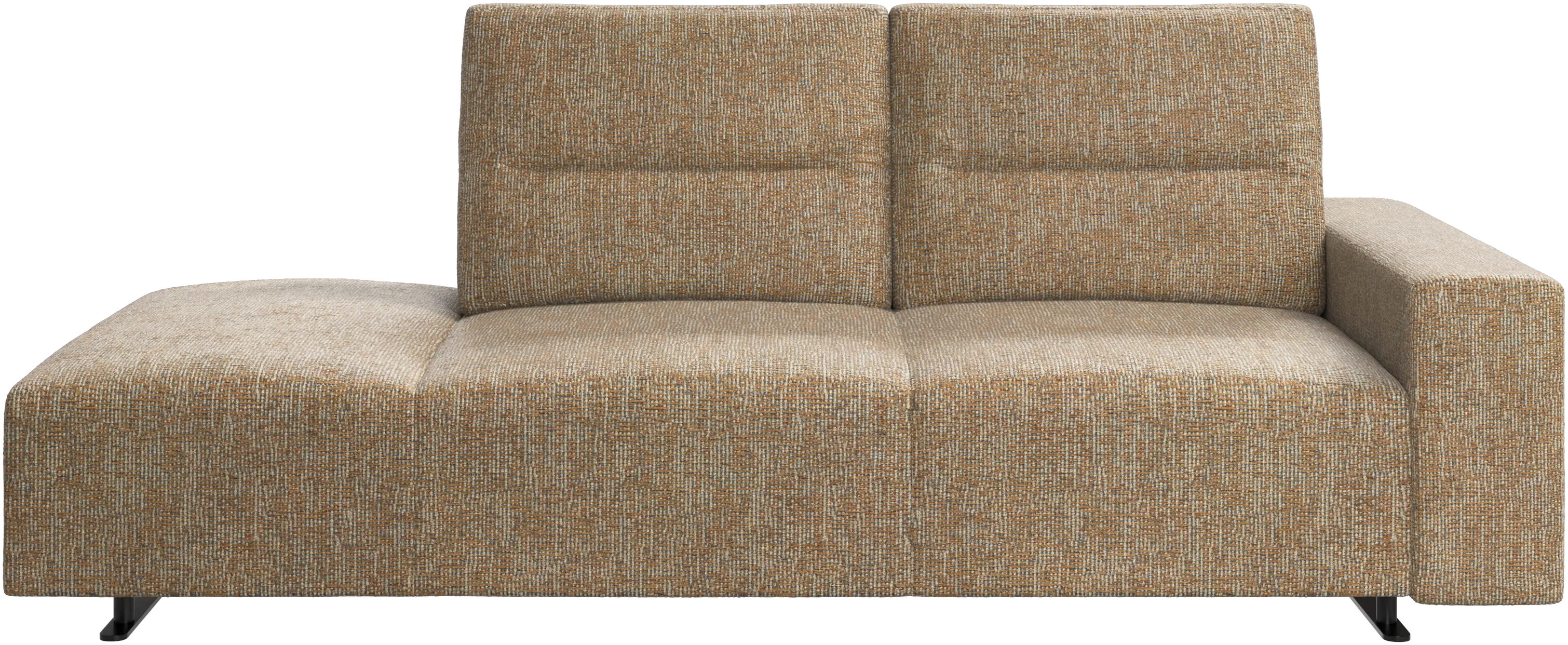Hampton sofa with adjustable back and lounging unit left side, storage and armrest right side