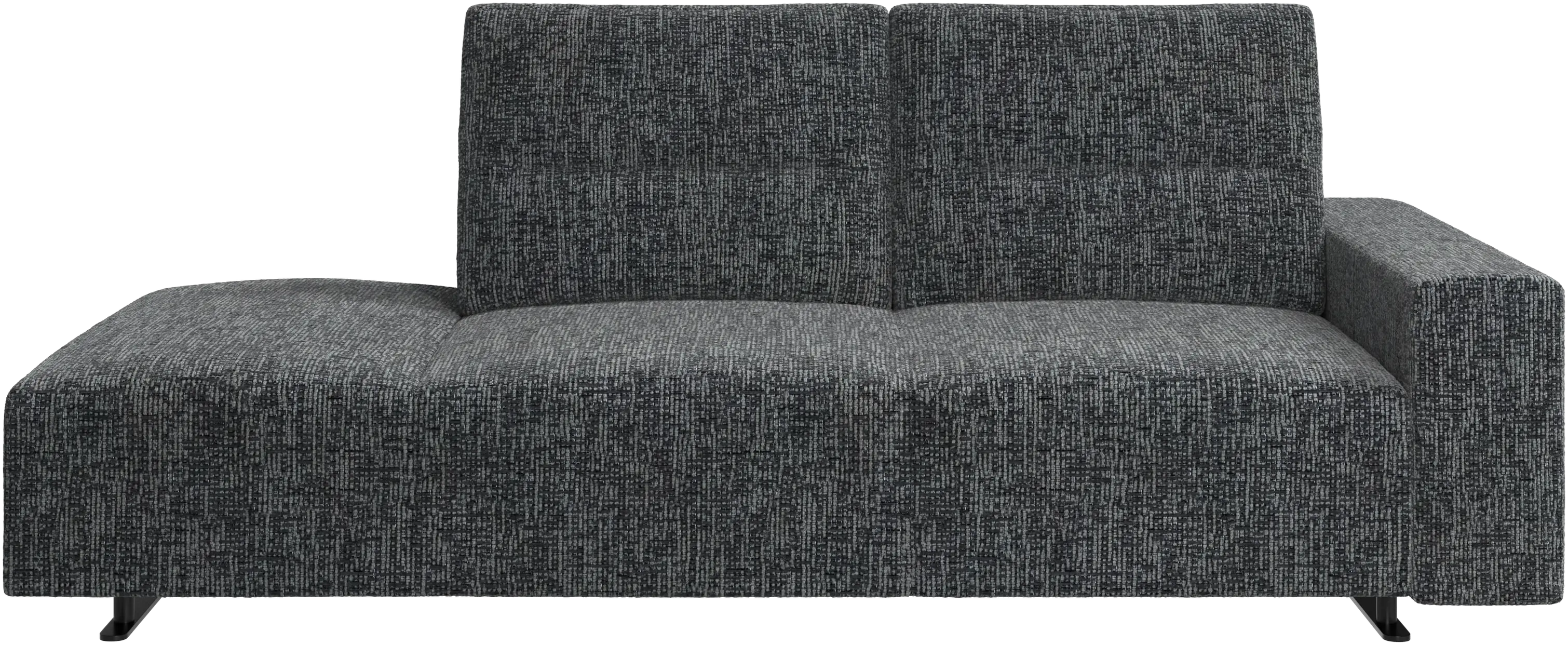 Hampton sofa with adjustable back and lounging unit left side, storage and armrest right side