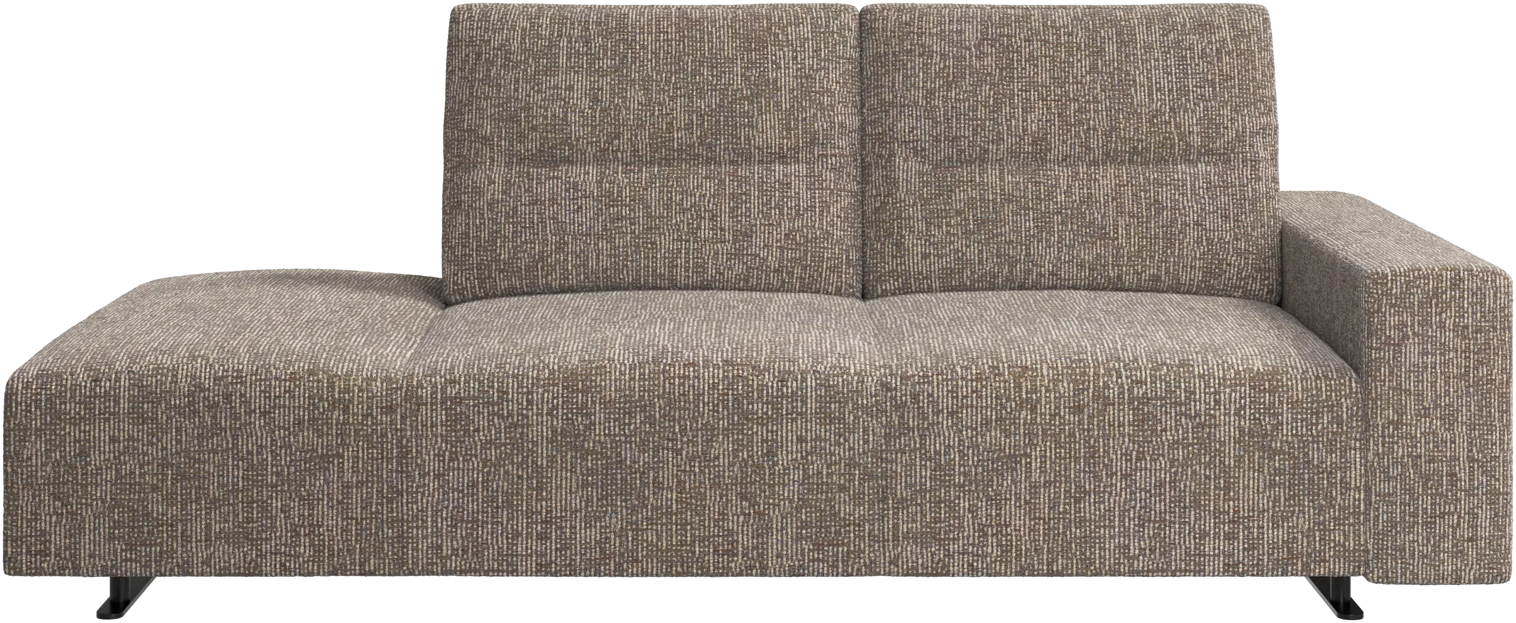 Hampton sofa with adjustable back and lounging unit left side, storage and armrest right side
