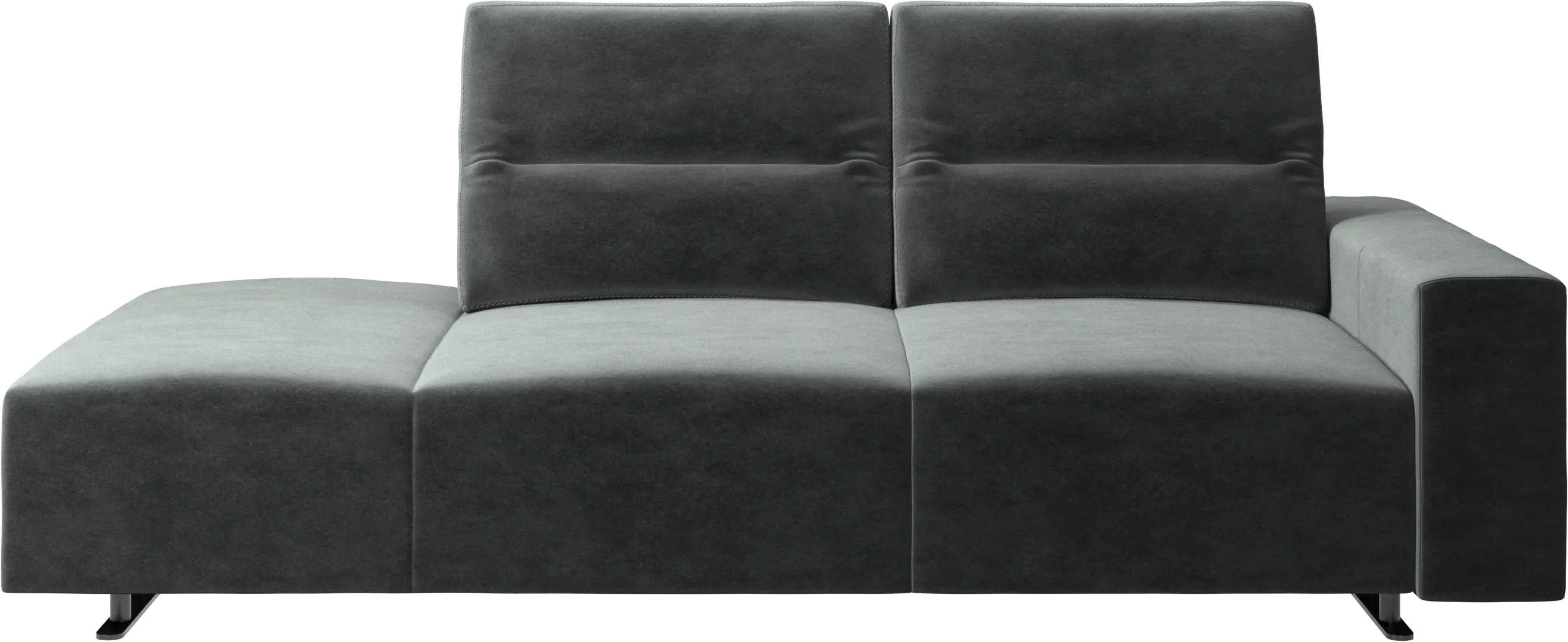 Hampton sofa with adjustable back and lounging unit left side, storage and armrest right side